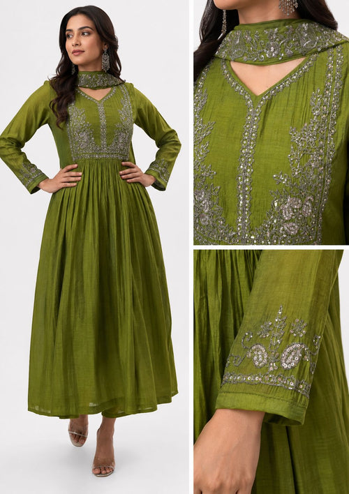 Olive Green Semi Mul Chanderi Embroidered Anarkali Set